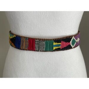 VTG Women/Teen‎ 28 in Belt Tooled Leather Traditional Woven Guatemalan Colorful